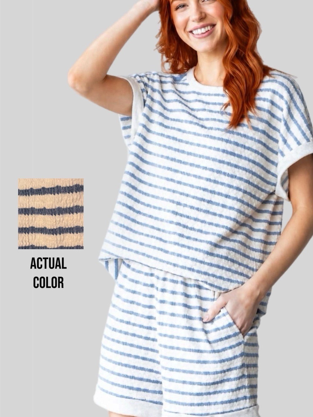 HEIMISH USA Jacquard Striped Top & Short SET in Cream/Blue 3X